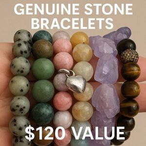 Set of 6 Genuine Stone Stretch Bracelets | Amethyst, Tiger’s Eye,| $120 Value